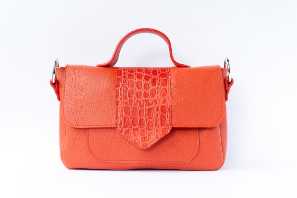Orange/red leather handbag.